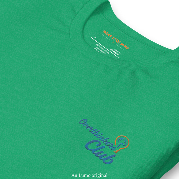Green tee with Overthinkers Club Blue and orange logo