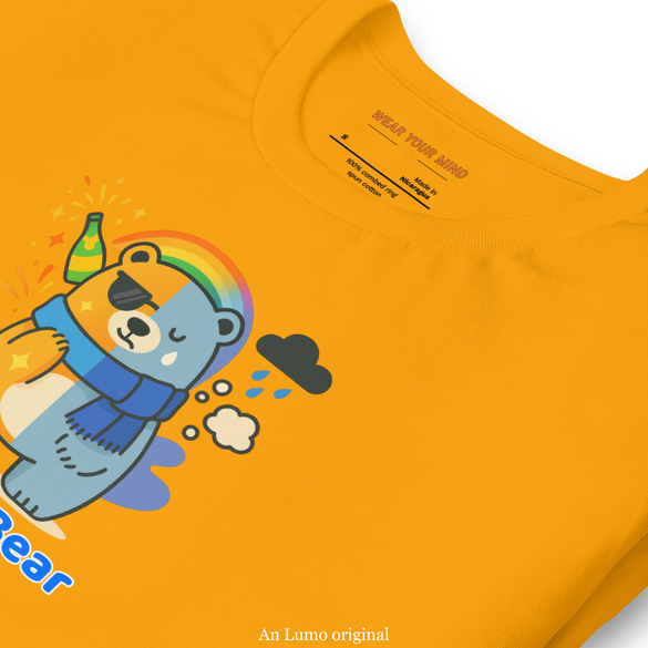 Illustration of a bear split into two moods — one side cheerful with sparkles and a party popper, the other side sad with rain and a tear. Titled 'BipolarBear' in gradient orange and blue text.