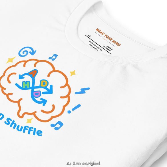 Illustration of a brain with swirling arrows, musical notes, stars, and lightning bolts. The letters A-D-H-D are scattered in different directions, with the phrase 'Brain on Shuffle' below in blue text.