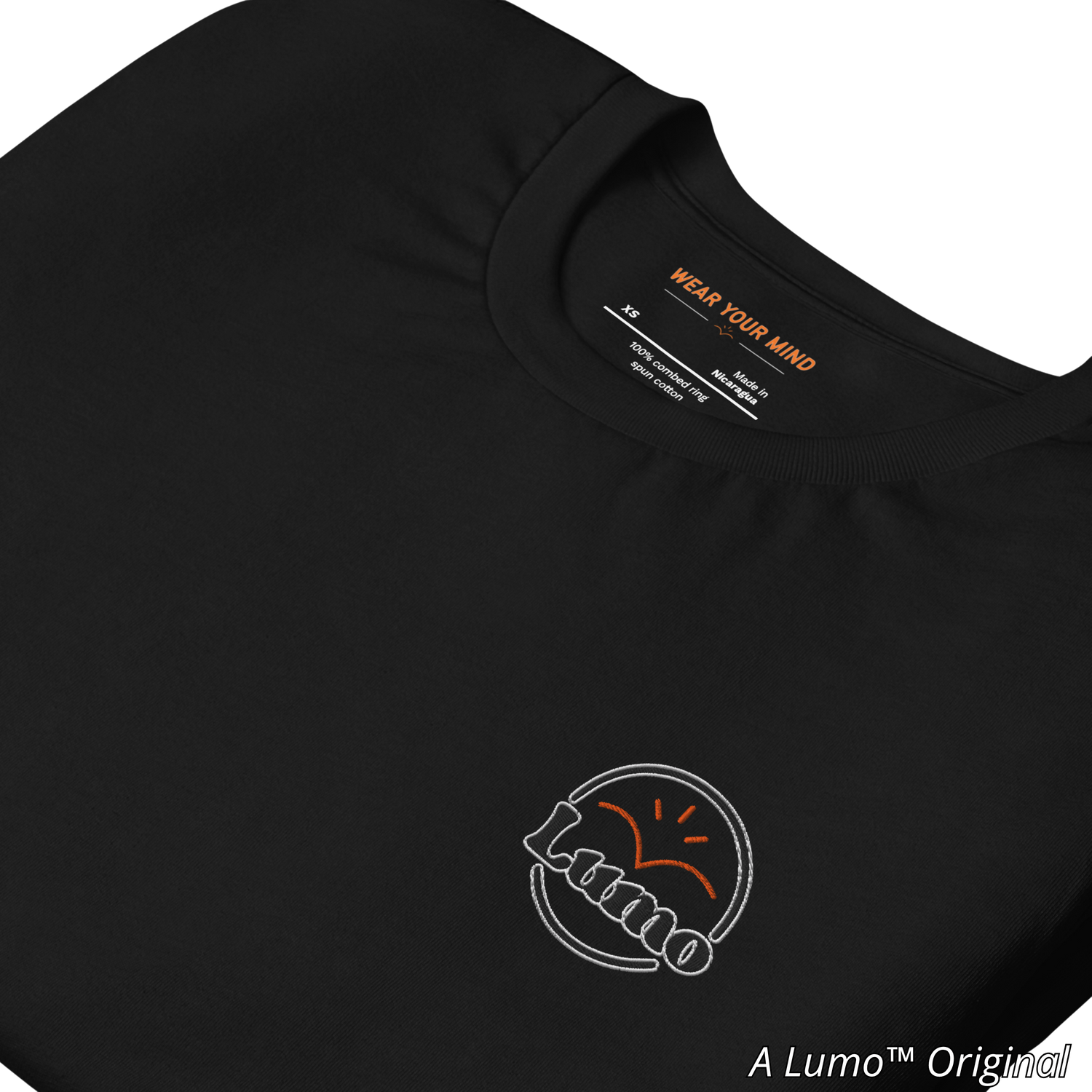 Lumo logo with stylized white text outlined in black, set inside a circular frame with an orange sunrise symbol above the word