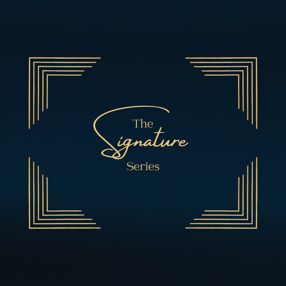 Elegant navy and gold design featuring the text “The Signature Series” in a refined script, framed by geometric golden corner lines