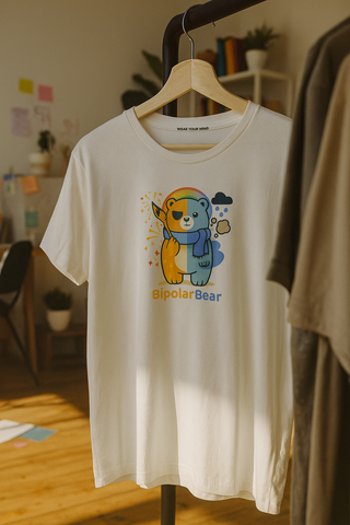 White t-shirt with a colorful bear graphic and 'Bipolar Bear' text on a hanger.