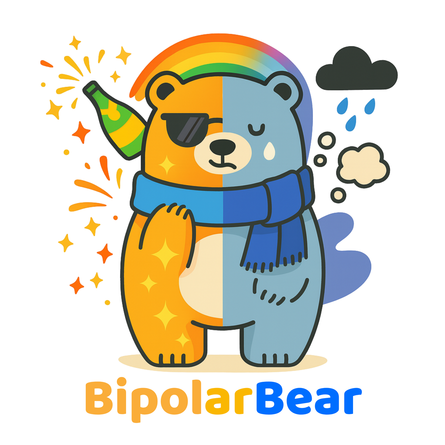 BipolarBear design showing a half-yellow, half-blue bear with contrasting emotions—sun and confetti on one side, rain and clouds on the other. The bear wears a scarf and 'BipolarBear' is stitched below in yellow and blue.