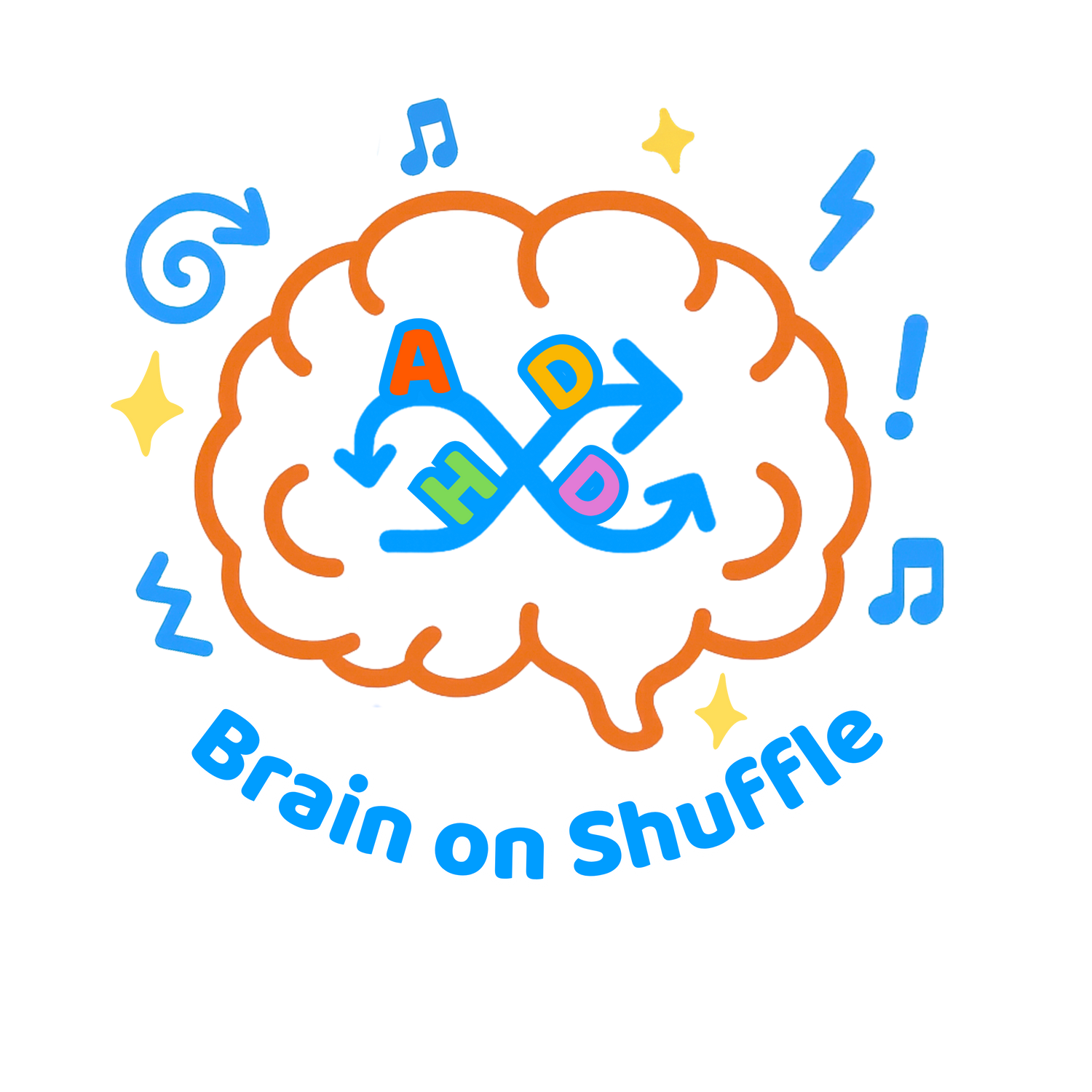 Minimalist ADHD logo design featuring bold, clean typography with a playful swirl, representing energy, focus shifts, and creativity. Designed for mental health awareness apparel