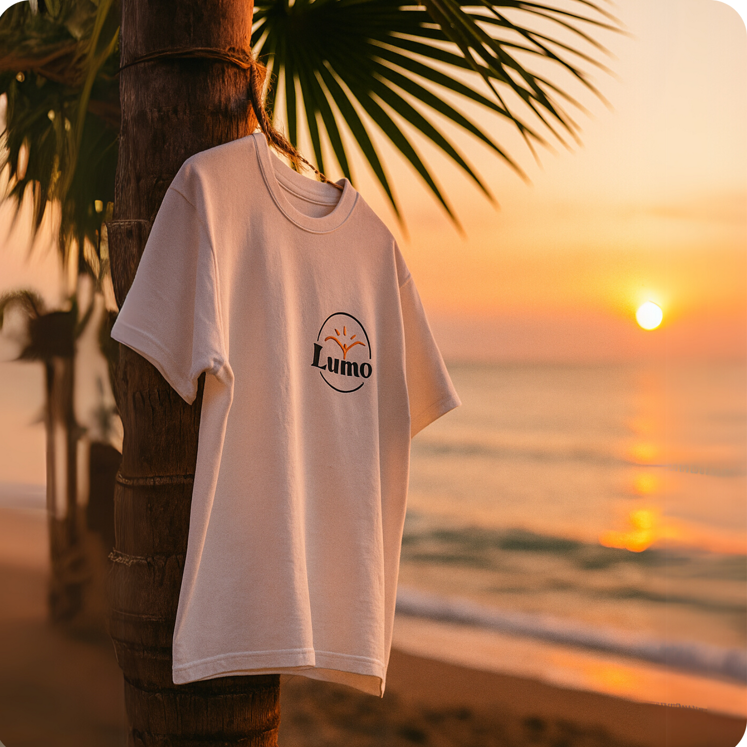 White t-shirt with 'LUMO' logo against a sunset beach backdrop