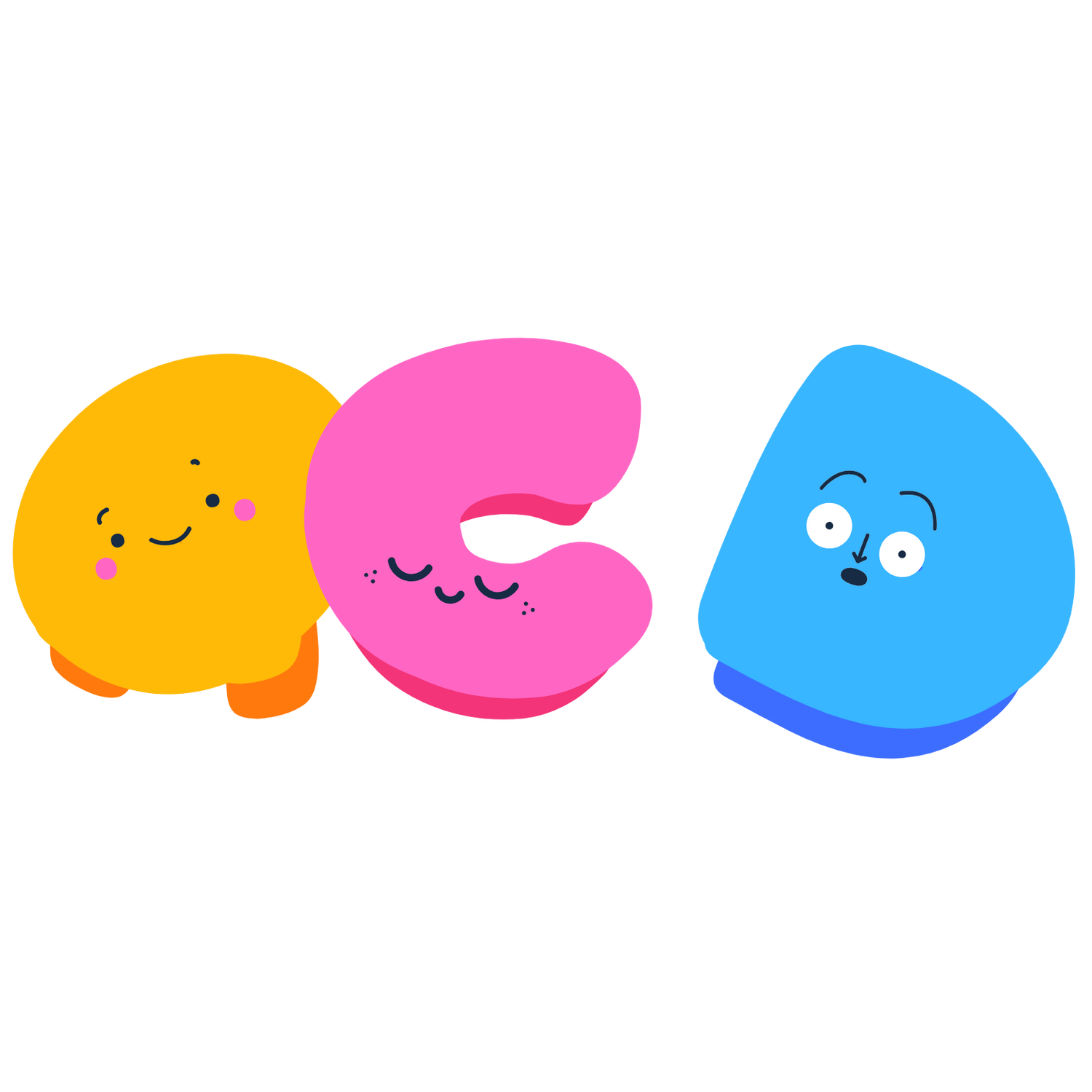OCD design with three colorful characters shaped like the letters O, C, and D in yellow, pink, and blue. Each has a cute facial expression, arranged evenly to reflect symmetry and order, symbolizing traits often linked with OCD